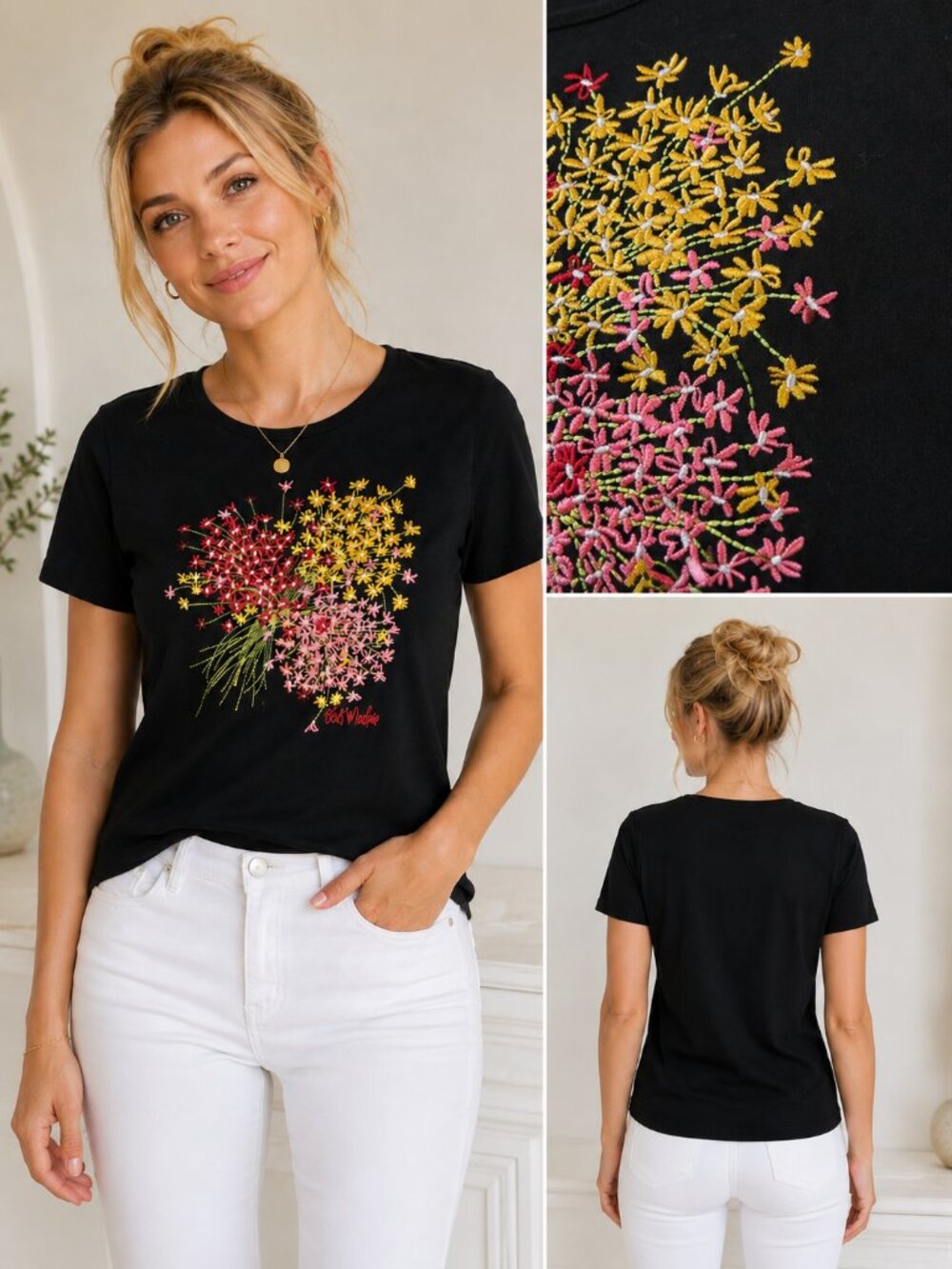 Bob Mackie Embroidered Floral Black T-Shirt XS (Roomy!)